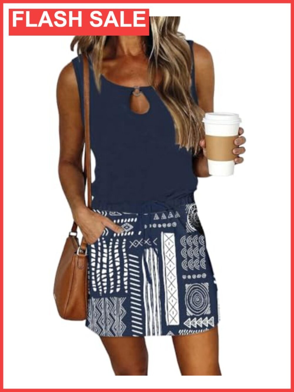 Women's Sleeveless Crew Neck Drawstring Mini Dress with Pockets